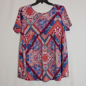 GOO YOO Pink/Blue Floral Stretchy Knit Short Sleeve Boho Peasant Top; Size 12